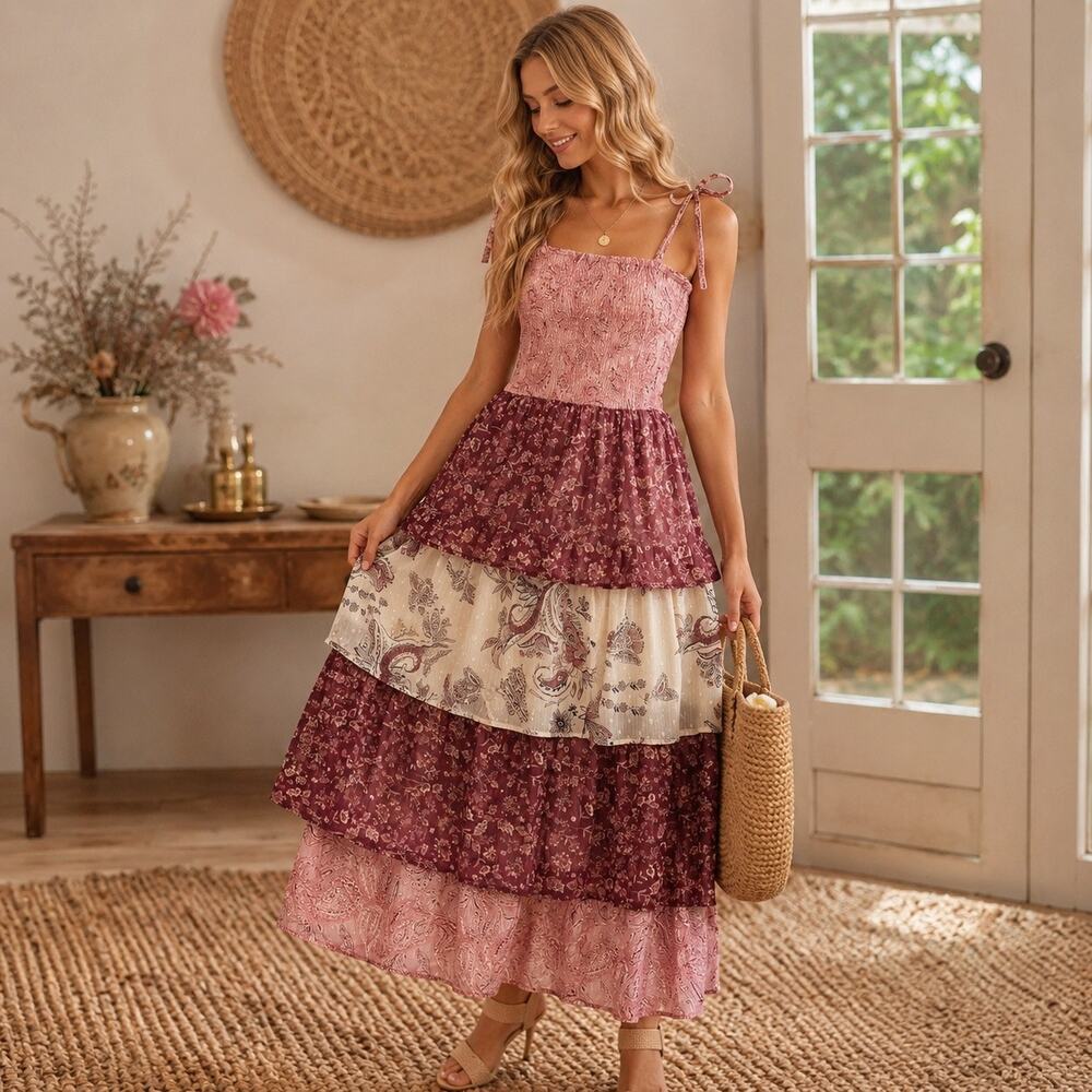 Audrey Parks Francescas Emory Midi Dress S Boho Paisley Tiered Smock Cottagecore